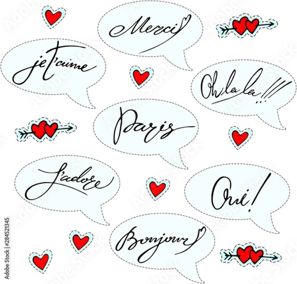 Fototapeta Vector set of stickers with french words and red hearts. Romantic design for studing languages