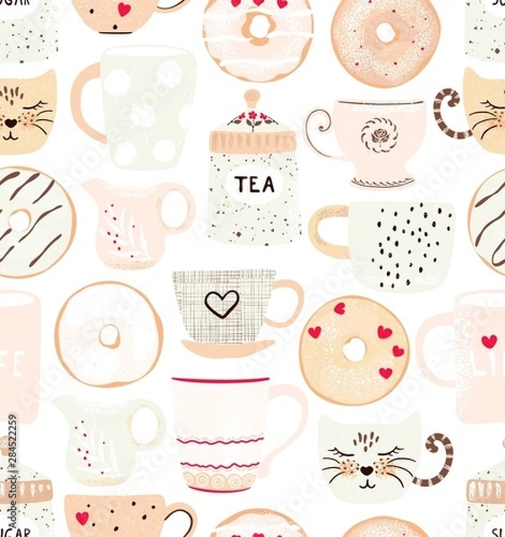 Fototapeta Cute romantic seamless pattern with coffee and tea cups, glazed donuts and hearts. Vector background pastel colors in vintage flat style.
