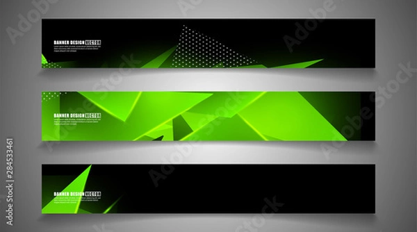 Fototapeta set the triangle background light header banner. Abstract composition of 3D triangles. Modern geometric green backgrounds isolated black