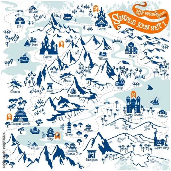Obraz Konstruktor map Fantasy Adventure z prostymi elementami ikon w formacie ilustracji wektorowych 1