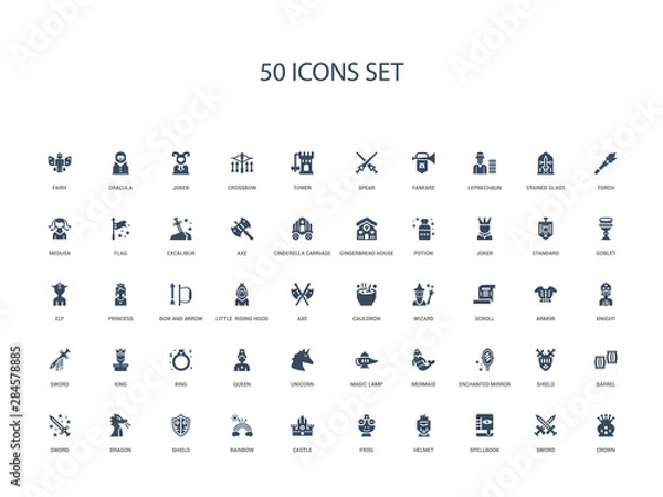 Fototapeta 50 filled concept icons such as crown, sword, spellbook, helmet, frog, castle, rainbow,shield, dragon, sword, barrel, shield, enchanted mirror