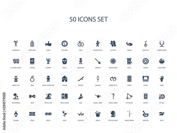 Fototapeta 50 filled concept icons such as dove, mortar, magic wand, crystal ball, magic, juggler, rose,dices, ticket, poison, ritual, carpet, hypnosis