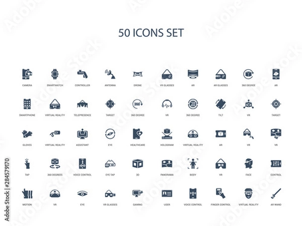 Fototapeta 50 filled concept icons such as ar wand, virtual reality, finger control, voice control, user, gaming, vr glasses,eye, vr, motion, control, face, vr