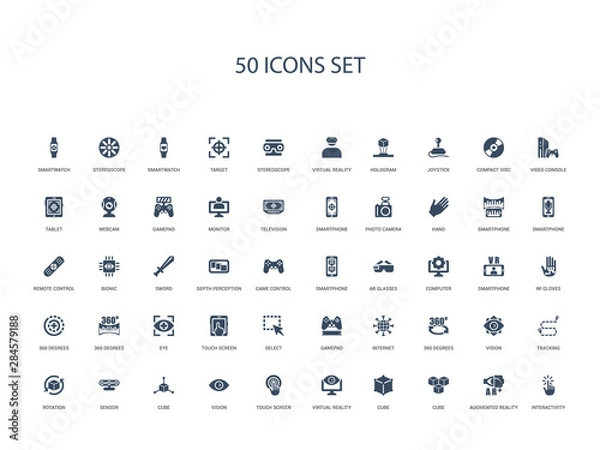 Fototapeta 50 filled concept icons such as interactivity, augmented reality, cube, cube, virtual reality, touch screen, vision,cube, sensor, rotation, tracking, vision, 360 degrees