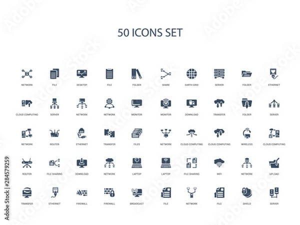 Fototapeta 50 filled concept icons such as server, shield, file, network, file, broadcast, firewall,firewall, ethernet, transfer, upload, network, wifi