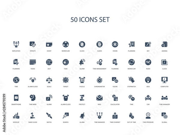 Fototapeta 50 filled concept icons such as global, time pressure, out of time, time is money, manager, alarm, search,watch, sand clock, develop, manager, car,
