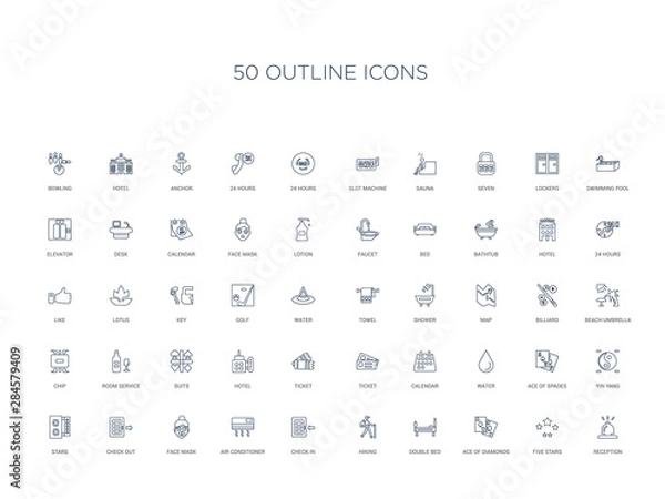 Fototapeta 50 outline concept icons such as reception, five stars, ace of diamonds, double bed, hiking, check in, air conditioner,face mask, check out, stars, yin yang, ace of spades, water