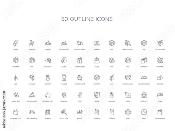 Fototapeta 50 outline concept icons such as shopping bag, free, sent, package, package, weight, calculator,package, wheelbarrow, shopping cart, truck, envelope, crane