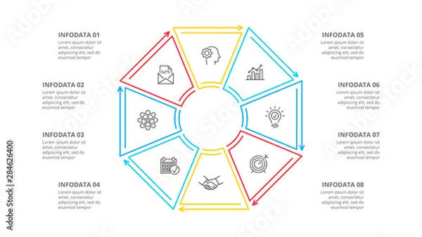 Fototapeta Octagon divided into 8 parts, steps or options. Simple vector illustration for presentation. Business cycle infographic element.