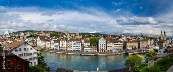 Fototapeta Panoramic view of old downtown Zurich with Limmat river in summer