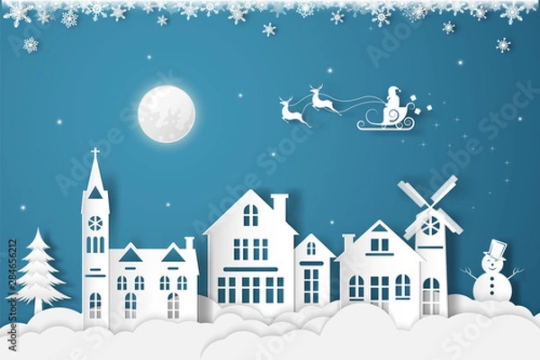 Fototapeta Wesołych Świąt i szczęśliwego nowego roku. Ilustracja Świętego Mikołaja w noc pełni księżyca w zimie. Papierowy projekt artystyczny. Papierowy projekt artystyczny.