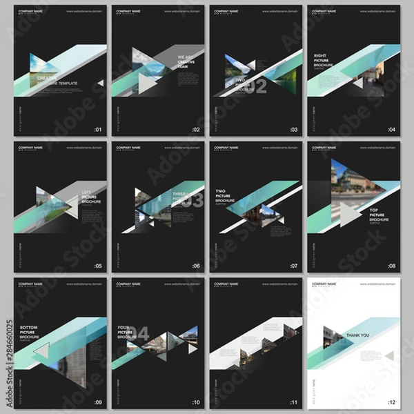 Fototapeta Minimal brochure templates with colorful gradient trangles and triangular shapes on black background.. Covers design templates for flyer, leaflet, brochure, report, presentation, advertising, magazine