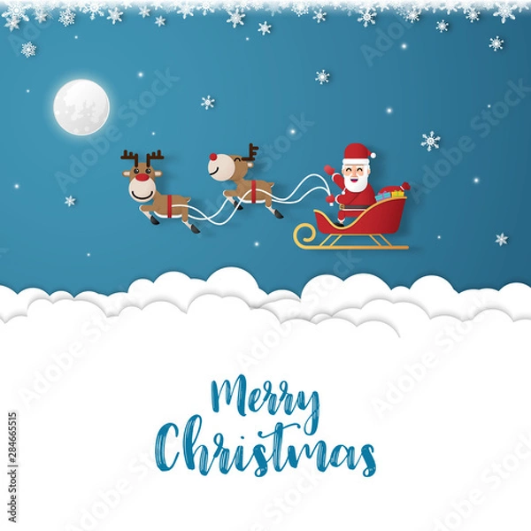 Fototapeta Merry Christmas and Happy New Year.Illustration of Santa claus and reindeer on the night sky in winter Full moon day.paper art design.