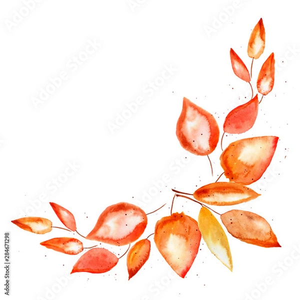 Fototapeta Autumn element for design: orange, yellow and red watercolor leaves and small drops on white background. For frame, card, paper and other decoration.