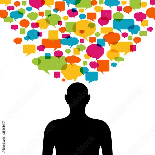 Fototapeta Thinking man silhouette with thought colorful bubbles