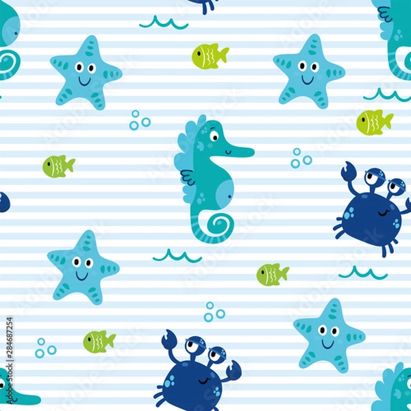Fototapeta Cute sea vector animals underwater.  Cartoon seamless pattern on a color background. It can be used for backgrounds, surface textures, wallpapers, pattern fills
