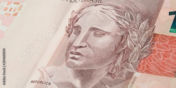 Fototapeta Brazilian effigy of republic symbol at the ten real banknote. 10 reais brl. Macro photo with depth of field.