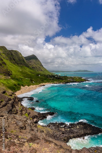 Fototapeta A view of Makapu'u beach, on the east side of Oahu, Hawaii.  The day is sunny and the sky is blue