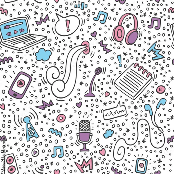 Fototapeta Podcast doodle pattern with computer, microphone, headphones,phone, notebook. Online education and podcasts background. Pattern for site, wallpaper, app, wrapping, background. Broadcast. 