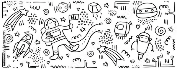 Fototapeta Astronaut doodle print. Set of space objects and symbols. Planets and ships. Space doodles. Future concept with astronaut, planets,spaceships. Universe concept - vector.