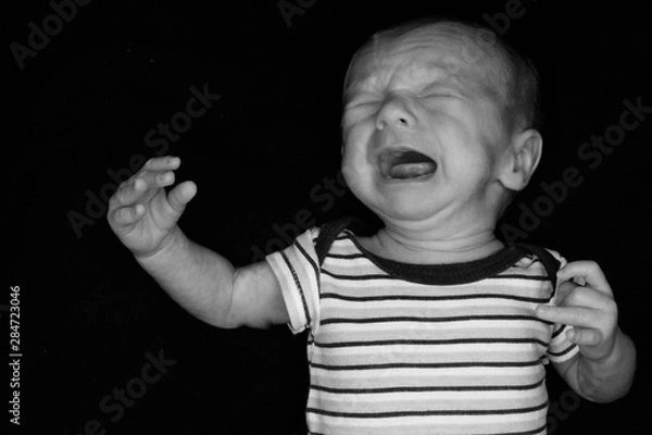 Fototapeta A 3 Week Old Baby Poses on a Black Background. Perfect for Memes with Copy Space.