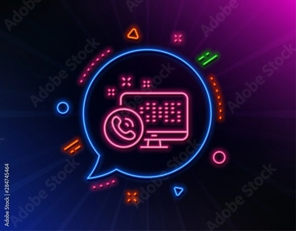 Fototapeta Web call center service line icon. Neon laser lights. Phone support sign. Feedback symbol. Glow laser speech bubble. Neon lights chat bubble. Banner badge with web call icon. Vector