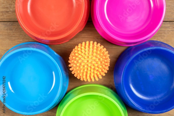 Fototapeta Toy and Plastic bowl on wooden table for pets.  Object for dog or cat concept