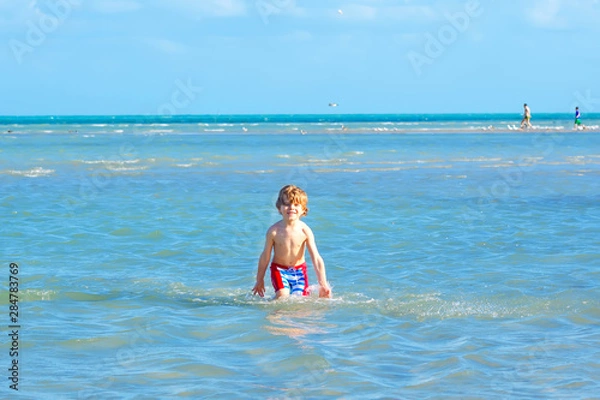 Fototapeta Active little kid boy having fun on Miami beach, Key Biscayne. Happy cute child running near ocean on warm sunny day. Healthy kid in swim trousers hunting seagull birds