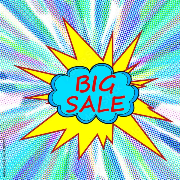 Fototapeta Trendy big sale abstract halftone explosion comic pop art burst background design template