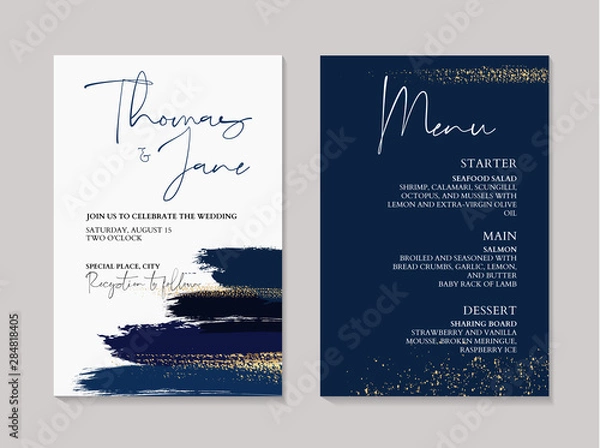 Fototapeta Wedding navy grunge splash invitation cards with Luxury gold and indigo marble texture background. Abstract ocean style vector design template