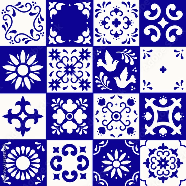 Fototapeta Mexican talavera pattern. Ceramic tiles with flower, leaves and bird ornaments in traditional style from Puebla. Mexico floral mosaic in navy blue and white. Folk art design.