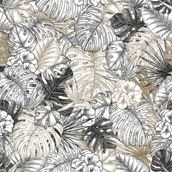 Fototapeta Exotic flowers and leaves  seamless pattern. Tropical forest. Silver and gold color. Tropical style. Vector illustration