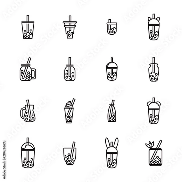 Fototapeta Vector set of elements for design. Signs, symbols of drinks in tea glasses with boba (or bubble) tea. Simple outline style. Funny icon of portable cups