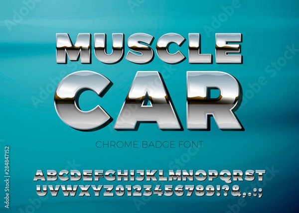 Fototapeta Vector realistic chrome car font, on a bright blue car background.