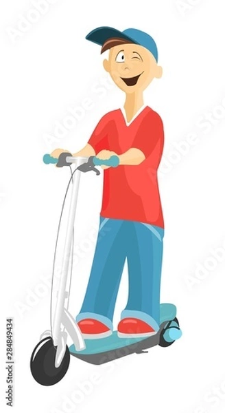 Obraz Electric scooter with a man. A boy riding a scooter. Flat design isolated on white. adapted for web sites and mobile applications. vector image.