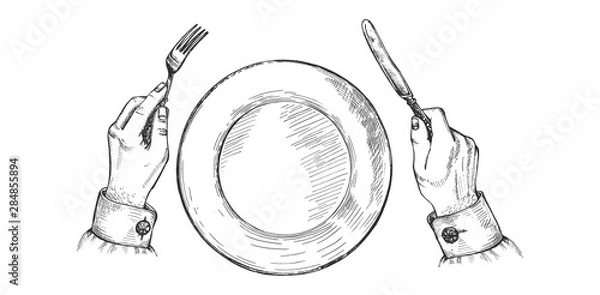 Fototapeta Hands holds silver fork and knife