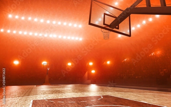 Obraz Empty professional basketball court. Floodlit red background