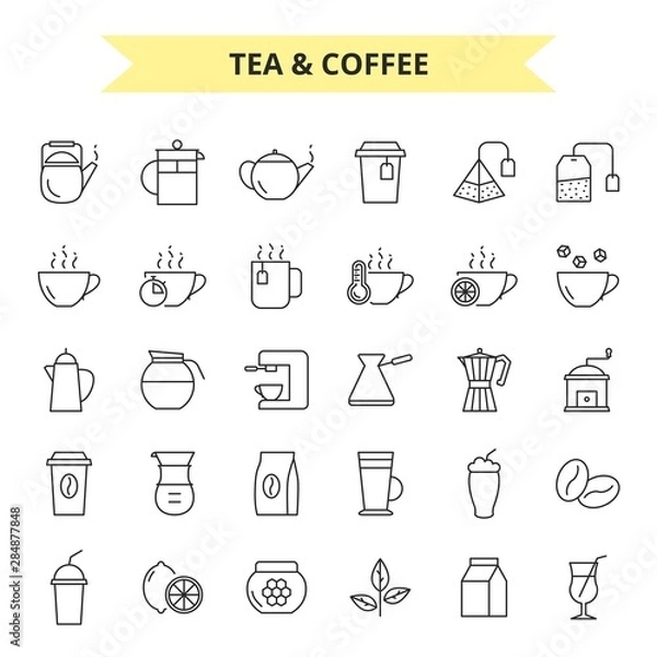 Fototapeta Tea and coffee outline vector set
