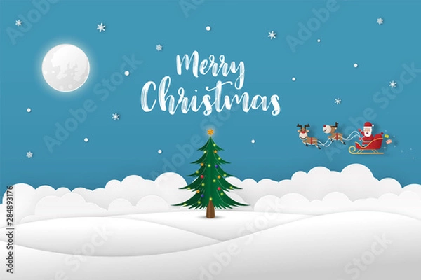 Fototapeta Merry Christmas and Happy New Year.Illustration of Santa Claus on the full moon night in the winter and Christmas tree decorated with glittering lights