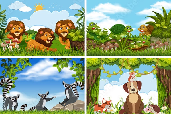 Fototapeta Set of various animals in nature scenes
