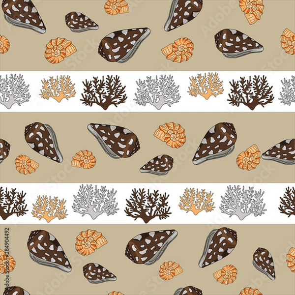 Fototapeta Seamless pattern of shells and coral. Freehand drawing. Marine themed tiles.