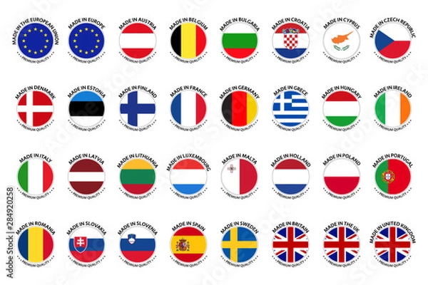 Fototapeta Set of modern vector Made in labels isolated on a white background, simple stickers in the colors of the member states of the European Union, premium quality stamps design