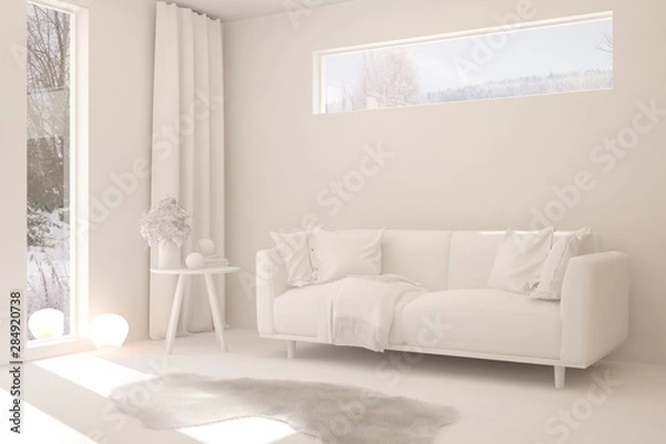 Fototapeta Mock up of stylish room in white color with sofa. Scandinavian interior design. 3D illustration