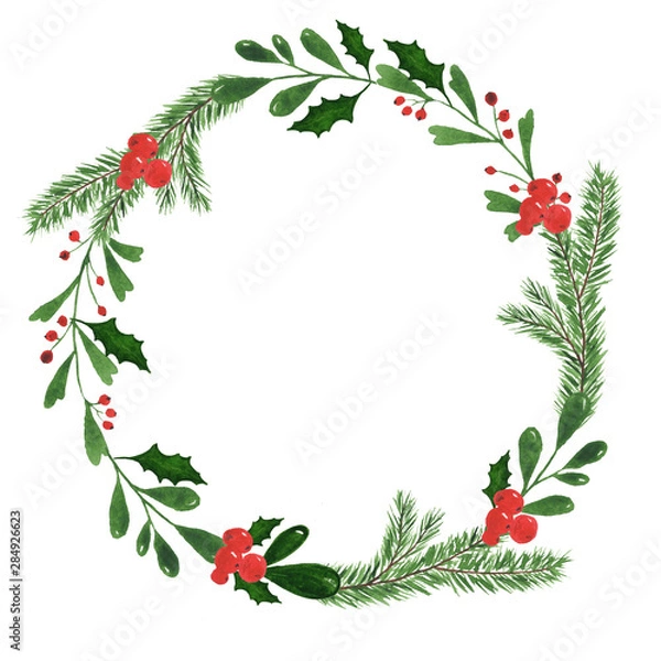 Fototapeta Hand drawn watercolor illustration. Round frame wreath with leaves, mittens, pine branches, berry. Design for wedding invitations, greeting cards, save the date invitation, prints, postcards.