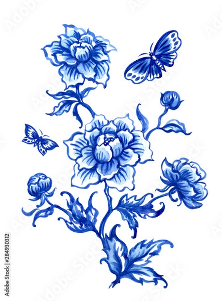 Fototapeta Peonies and butterflies, watercolor illustration in the Dutch style, Gzhel, or oriental, painting for porcelain and ceramics and other designs.