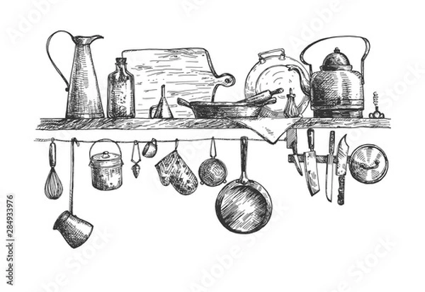 Fototapeta Narzędzia do gotowania i pojemniki na ścianie
