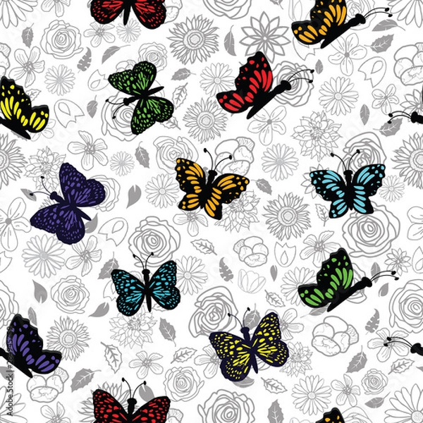 Fototapeta Hand drawn garden flower doodle with colorful rainbow butterflies 