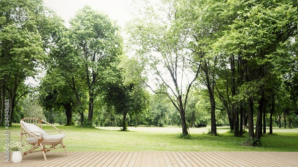 Fototapeta Salon w domu i widoku natury - Strefa relaksu w salonie i tle widoku lasu - Minimalny projekt wnętrza dla grafiki mieszkaniowej - Renderowanie 3D
