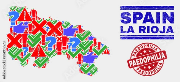 Fototapeta Sign Mosaic La Rioja of Spain map and seal stamps. Red round Paedophilia scratched seal. Colored La Rioja of Spain map mosaic of different scattered items. Vector abstract combination.