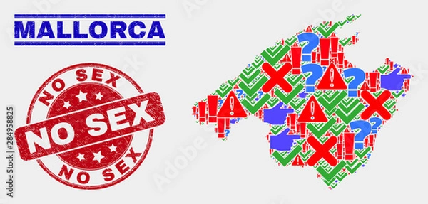 Fototapeta Symbolic Mosaic Mallorca map and seals. Red rounded No Sex scratched seal stamp. Colorful Mallorca map mosaic of different randomized elements. Vector abstract collage.